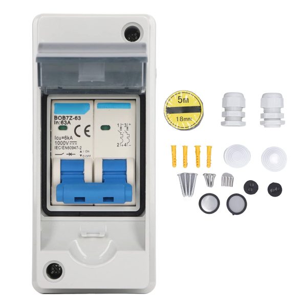 63A 1000V PV Solar DC Disconnect Switch IP65 Waterproof Photovoltaic Isolator DC Miniature Circuit Breaker Combiner Box Overvoltage for Households RVs Outdoor Use