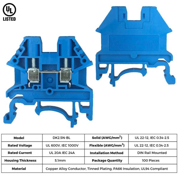 Dinkle Blue DK2.5N-BL DIN Rail Terminal Block Screw Type UL 600V 20A 12-22AWG, Pack of 100