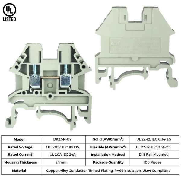 DIN Rail Terminal Blocks Gray Kit by International Connector 20 Dinkle DK2.5N 12 AWG Gauge 20A 600V Ground DK4N-PE Jumper DSS2.5N-10P End Covers End Brackets Grey