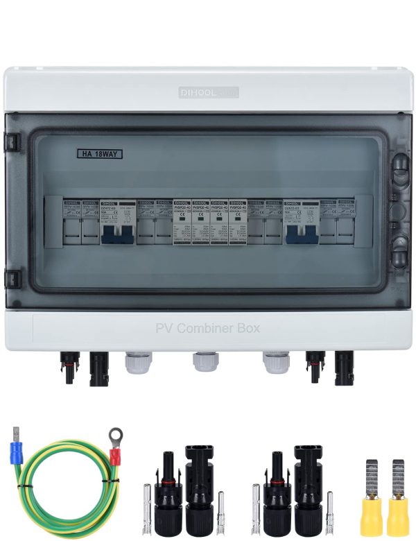 DIHOOL PV solar combiner box for solar panels 4 String 25 Amp IP65 junction box DC500V 50A circuit breaker 4 in 2 out