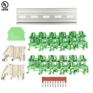 ICI Dinkle Power Distribution DK2.5N-GN 10 Gang Box Connector DIN Rail Terminal Blocks, 12-22 AWG, 20 Amp, 600 Volt Solar Combiner Green