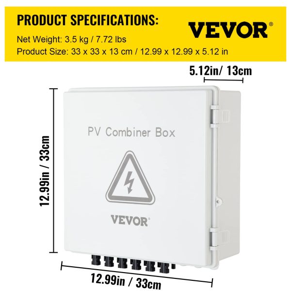 VEVOR PV Combiner Box, 6 String, Solar Combiner Box with 15A Rated Current Fuse, 125A Circuit Breaker, Lightning Arreste and Solar Connector, for On/Off Grid Solar Panel System, IP65 Waterproof