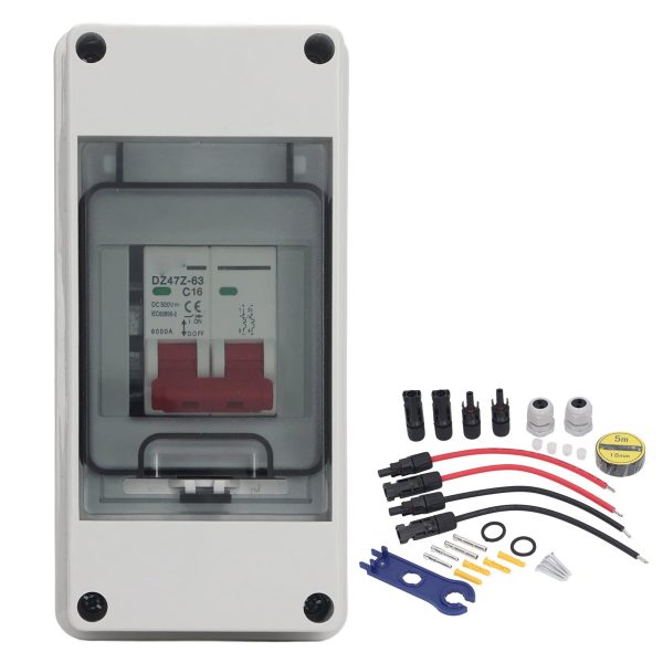 DC Miniature Circuit Breaker, 2 Pole 500V Isolator for Solar PV System, Thermal Magnetic Trip, DIN Rail Mount,Outdoor Use,DC Disconnect Switch with IP65 Waterproof Distribution Combiner Box(63A)