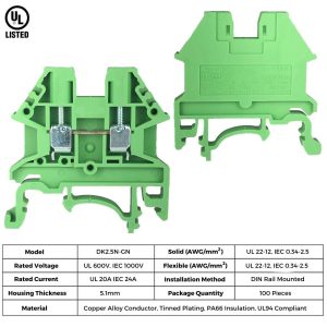 ICI Dinkle Power Distribution DK2.5N-GN 10 Gang Box Connector DIN Rail Terminal Blocks, 12-22 AWG, 20 Amp, 600 Volt Solar Combiner Green