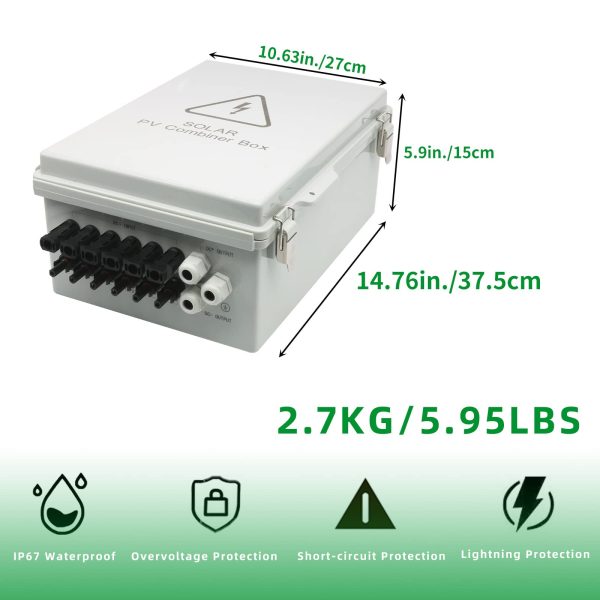 6 String Solar Combiner Box, IP65 Waterproof PV Combiner Box for On/Off Grid Solar System, with Lightning Arrester, 15ARated Current Fuse & 63A Circuit Breaker (Plastic Box)