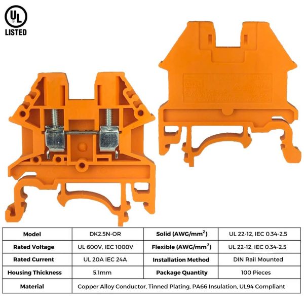 ICI Dinkle Power Distribution DK2.5N-OR 10 Gang Box Connector DIN Rail Terminal Blocks, 12-22 AWG, 20 Amp, 600 Volt Solar Combiner Orange