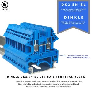 Dinkle Blue DK2.5N-BL DIN Rail Terminal Block Screw Type UL 600V 20A 12-22AWG, Pack of 100