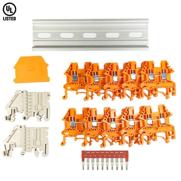 ICI Dinkle Power Distribution DK2.5N-OR 10 Gang Box Connector DIN Rail Terminal Blocks, 12-22 AWG, 20 Amp, 600 Volt Solar Combiner Orange