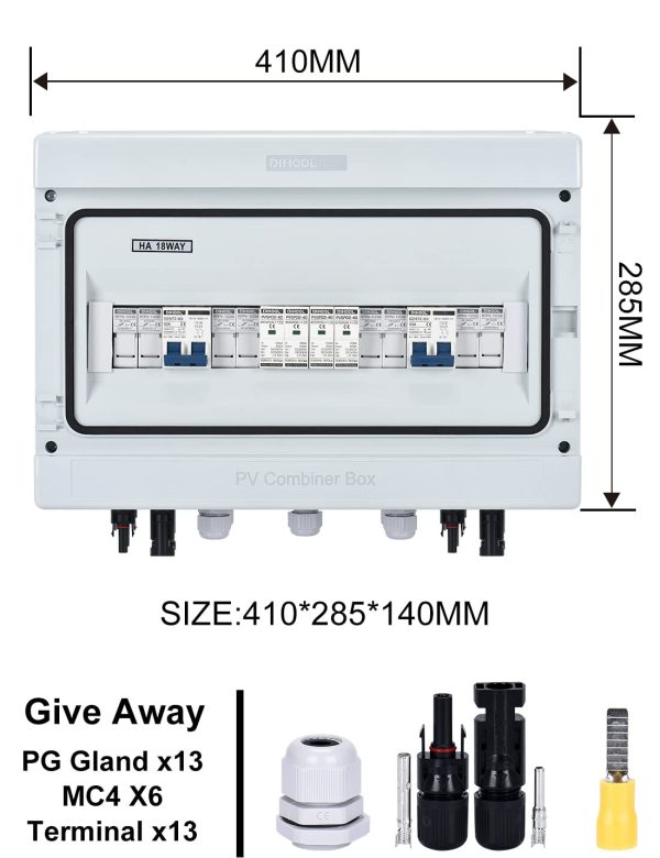 DIHOOL PV solar combiner box for solar panels 4 String 25 Amp IP65 junction box DC500V 50A circuit breaker 4 in 2 out