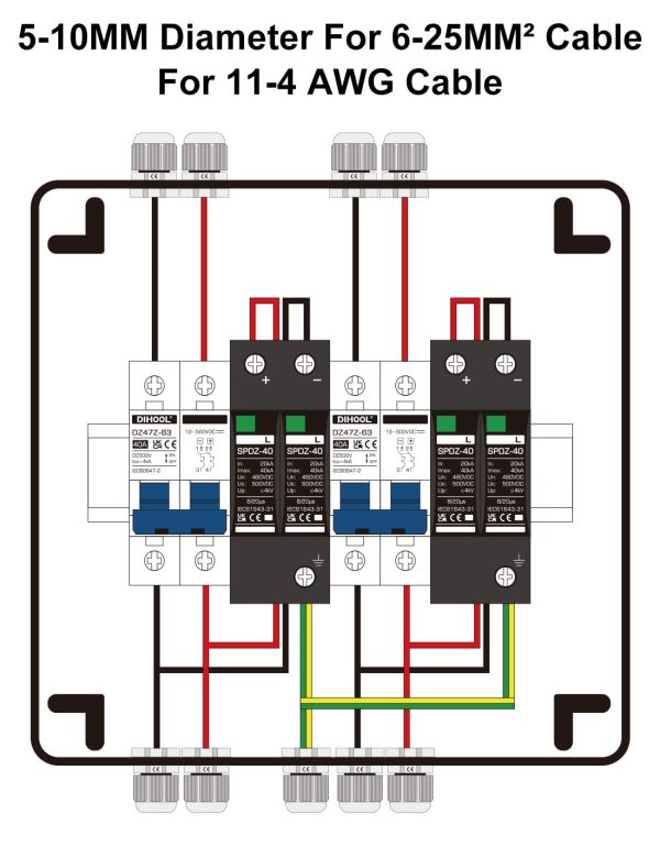 DIHOOL Solar Disconnect Switch 2 in 2 out 40 Amp DC500V, PV Combiner Box