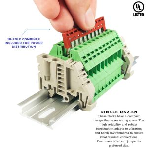 ICI Dinkle Power Distribution DK2.5N-GN 10 Gang Box Connector DIN Rail Terminal Blocks, 12-22 AWG, 20 Amp, 600 Volt Solar Combiner Green