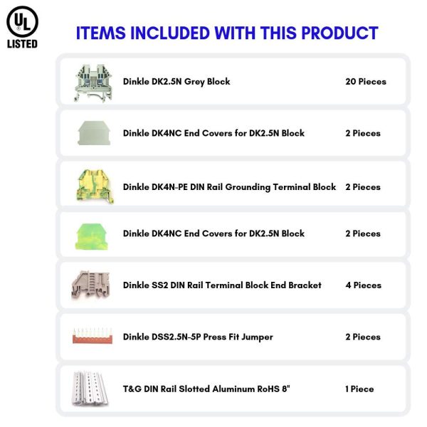 DIN Rail Terminal Blocks Gray Kit by International Connector 20 Dinkle DK2.5N 12 AWG Gauge 20A 600V Ground DK4N-PE Jumper DSS2.5N-10P End Covers End Brackets Grey