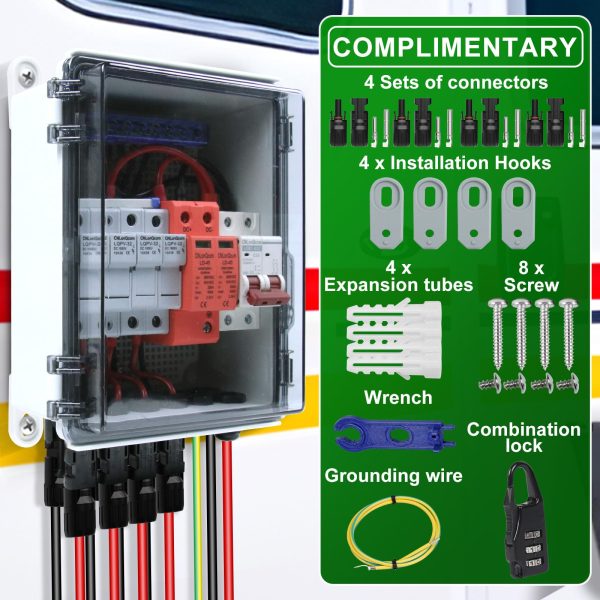 CNLonQcom 4 String Solar PV Combiner Box IP65 63A DC500V Circuit Breaker with Surge Protector and PV Fuses,4 in 1 Out Disconnect Switch Outdoor Waterproof for Solar Panels System