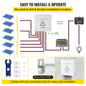 VEVOR PV Combiner Box, 6 String, Solar Combiner Box with 15A Rated Current Fuse, 125A Circuit Breaker, Lightning Arreste and Solar Connector, for On/Off Grid Solar Panel System, IP65 Waterproof