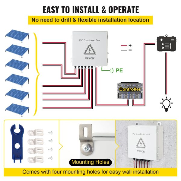 VEVOR PV Combiner Box, 6 String, Solar Combiner Box with 15A Rated Current Fuse, 125A Circuit Breaker, Lightning Arreste and Solar Connector, for On/Off Grid Solar Panel System, IP65 Waterproof