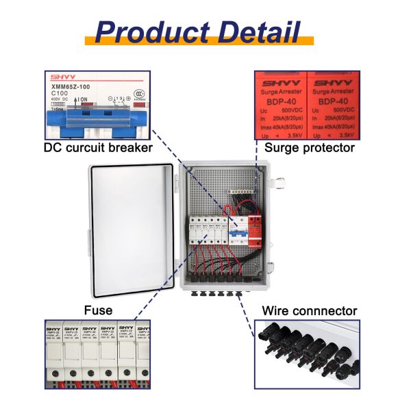 MECCANIXITY 6 String Metal Solar Combiner Box, PV Combiner Box With15A Rated Current Fuse, Surge Protective Device and 63A Circuit Breaker, White