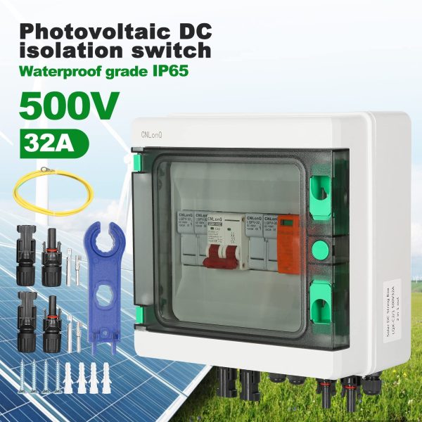 BuyWeek PV Combiner Box, Solar DC Isolator Switch Distribution Box 500V 32A 2 in 1 Out 2 String Disconnect Switch for Solar Panel System