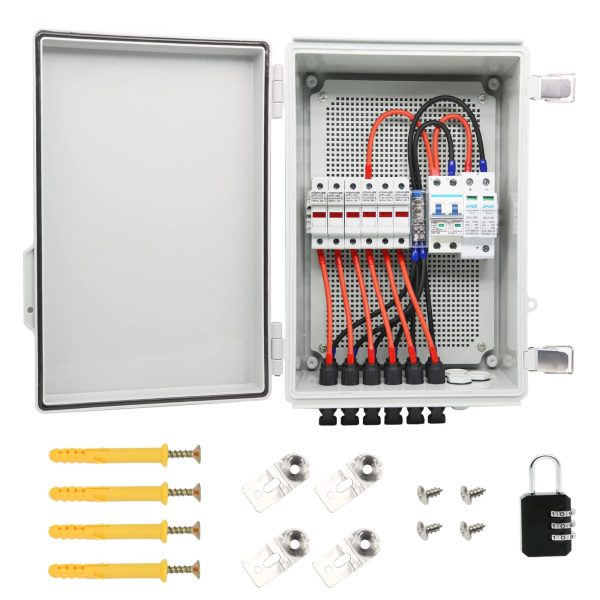 6 String Solar Combiner Box, IP65 Waterproof PV Combiner Box for On/Off Grid Solar System, with Lightning Arrester, 15ARated Current Fuse & 63A Circuit Breaker (Plastic Box)