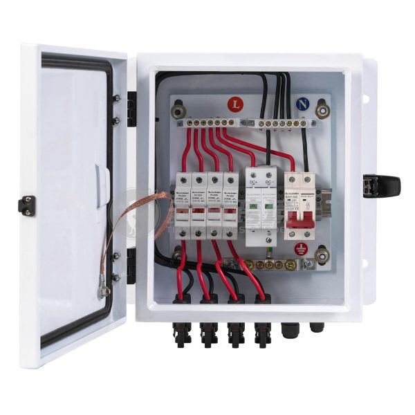 Elnuimex PV Combiner Box 4 String, IP65 Waterproof Solar Combiner Box with Lightning Arreste, Metal Box, 20A Rated Current Fuse and Circuit Breakers for On/Off Grid Solar Panel System (4 string)