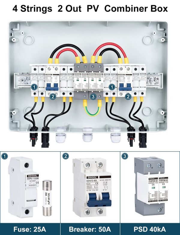 DIHOOL PV solar combiner box for solar panels 4 String 25 Amp IP65 junction box DC500V 50A circuit breaker 4 in 2 out