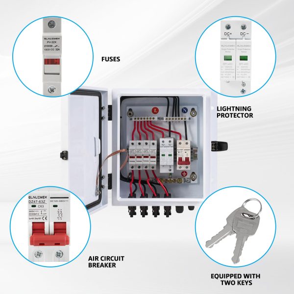 Elnuimex PV Combiner Box 4 String, IP65 Waterproof Solar Combiner Box with Lightning Arreste, Metal Box, 20A Rated Current Fuse and Circuit Breakers for On/Off Grid Solar Panel System (4 string)