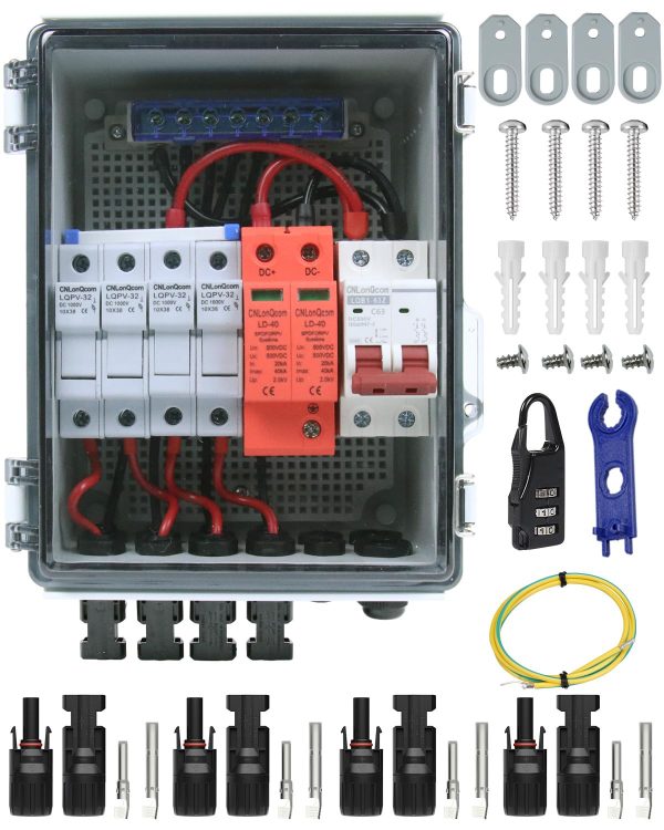 CNLonQcom 4 String Solar PV Combiner Box IP65 63A DC500V Circuit Breaker with Surge Protector and PV Fuses,4 in 1 Out Disconnect Switch Outdoor Waterproof for Solar Panels System