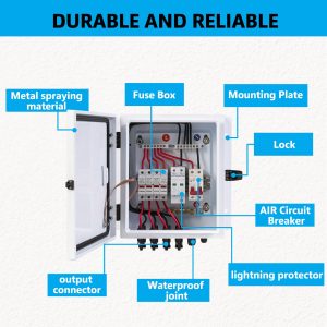 Elnuimex PV Combiner Box 4 String, IP65 Waterproof Solar Combiner Box with Lightning Arreste, Metal Box, 20A Rated Current Fuse and Circuit Breakers for On/Off Grid Solar Panel System (4 string)