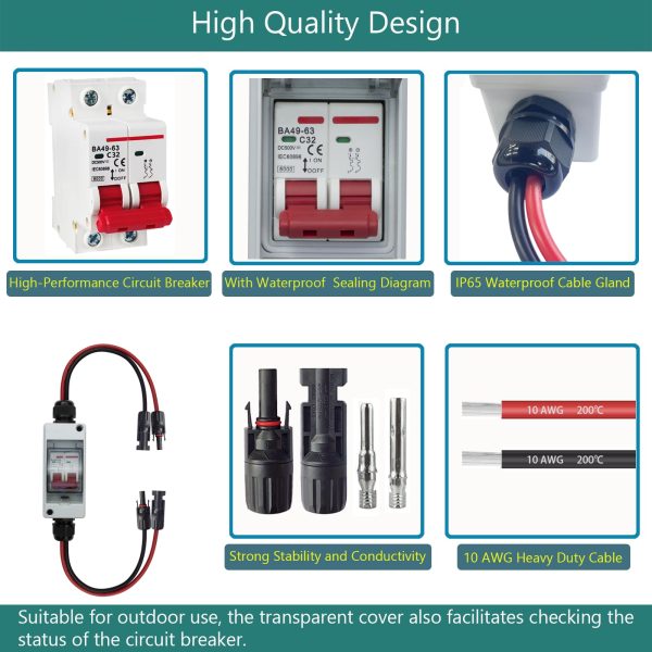 Solar Panel Disconnect Switch Solar Disconnect Switch Solar Breaker Solar Switch with Miniature Circuit Breaker Box 32 Amp Pv Combiner Box Ip65 Outdoor Breaker Box for Solar Power System RV, Boats