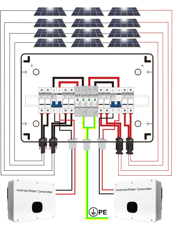 DIHOOL PV solar combiner box for solar panels 4 String 25 Amp IP65 junction box DC500V 50A circuit breaker 4 in 2 out