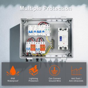 PV Combiner Box 2 String Solar Distribution Box with 25A, 250A DC Circuit Breakers, 63A,125A AC Circuit Breakers, and Surge Protection. Solar PV Breaker Box Perfect for 8K-10KW Solar Inverter Systems