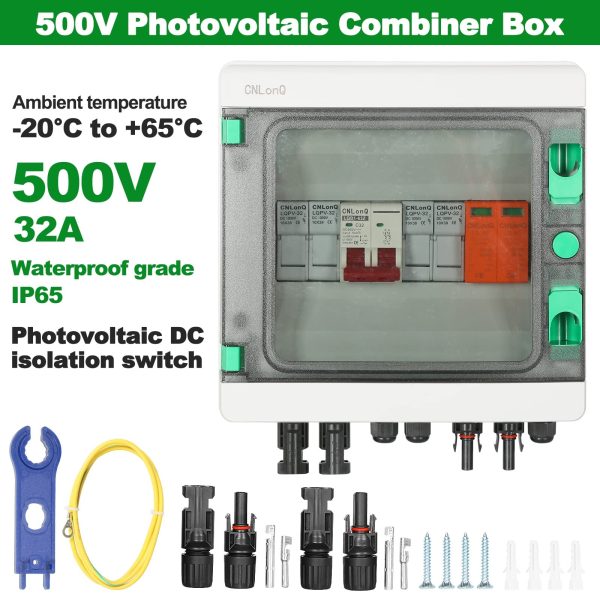 BuyWeek PV Combiner Box, Solar DC Isolator Switch Distribution Box 500V 32A 2 in 1 Out 2 String Disconnect Switch for Solar Panel System