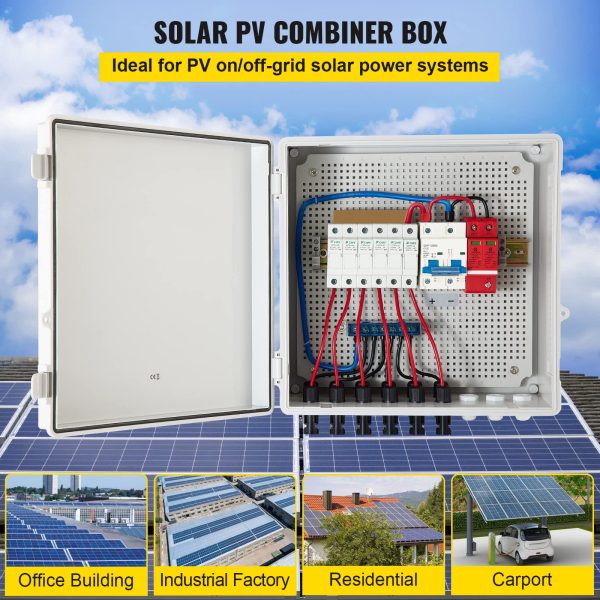 VEVOR PV Combiner Box, 6 String, Solar Combiner Box with 15A Rated Current Fuse, 125A Circuit Breaker, Lightning Arreste and Solar Connector, for On/Off Grid Solar Panel System, IP65 Waterproof