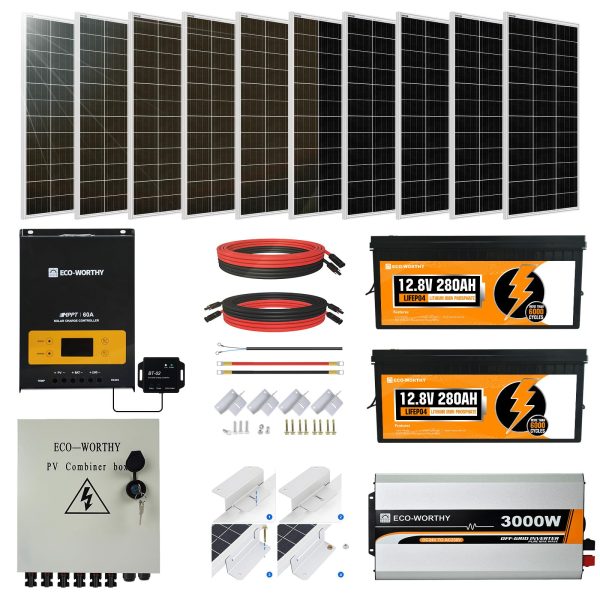 ECO-WORTHY 8KWh 2000W 24V MPPT Solar Power Kit System for Home: 10pcs 195W Solar Panel+ 2pcs 12.8V 280Ah Lithium Battery+ 60A MPPT Controller+ 3000W 24V Pure Sine Wave Inverter+ 6 String Combiner Box