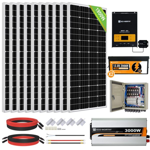 ECO-WORTHY 8KWh 2000W 24V MPPT Solar Power Kit System for Home: 10pcs 195W Solar Panel+ 2pcs 12.8V 280Ah Lithium Battery+ 60A MPPT Controller+ 3000W 24V Pure Sine Wave Inverter+ 6 String Combiner Box